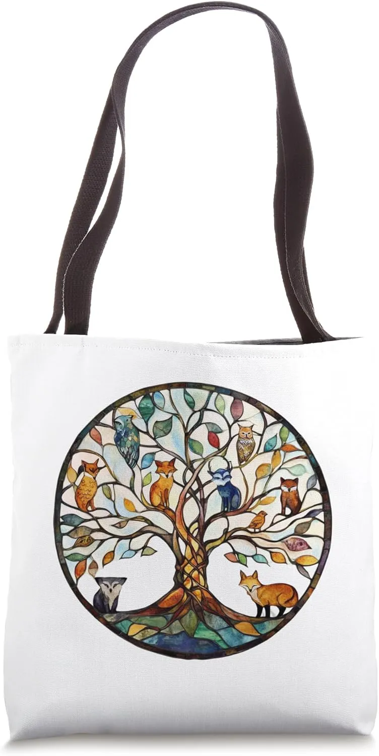 Tree of Life Symbol with Knotwork Design, Cute Animals Tote Bag
