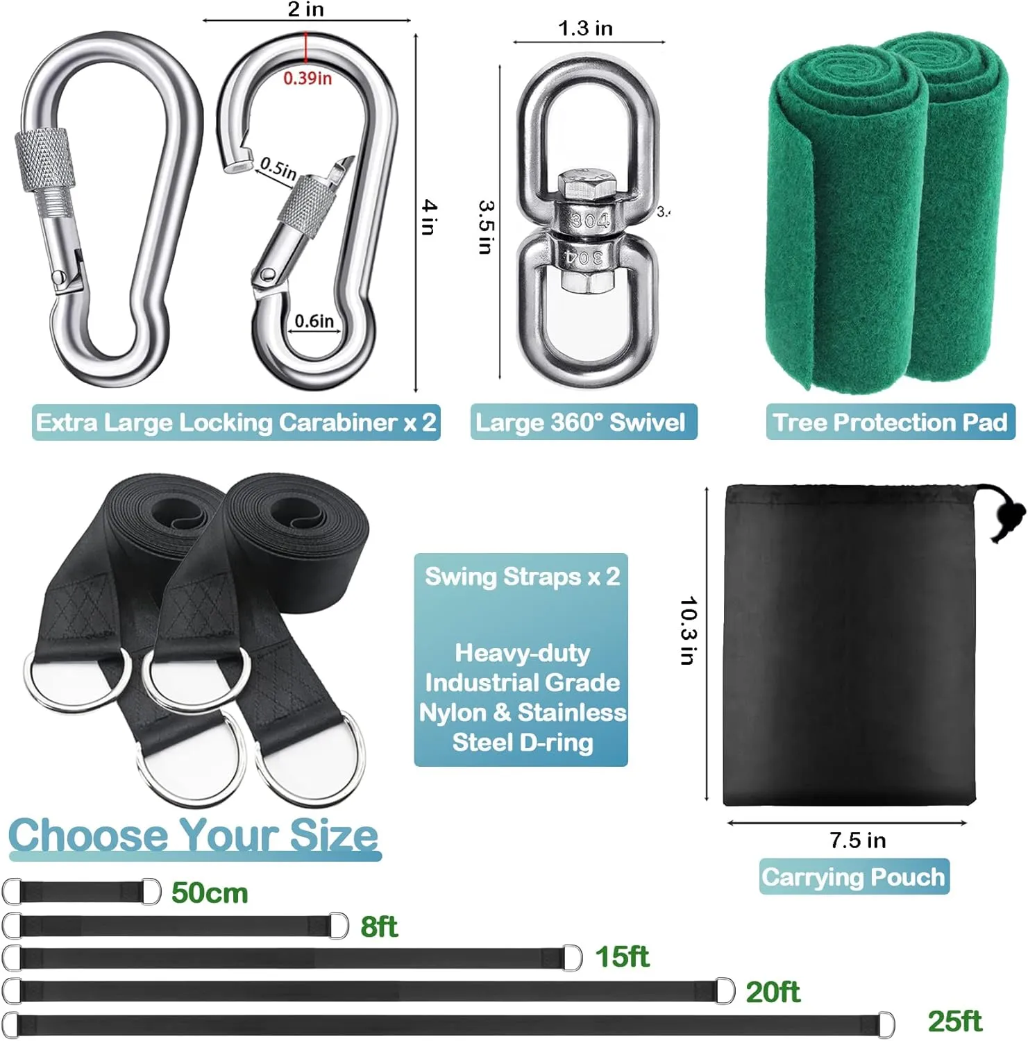 Tree Swing Straps Hanging Kit 4FT/8FT/15FT/20FT/25FT, Extra Long Tree Swing Straps Holds 5500 lbs with Lock Carabiners & Tree Protectors, Safer for All Swing & Hammock (8FT)