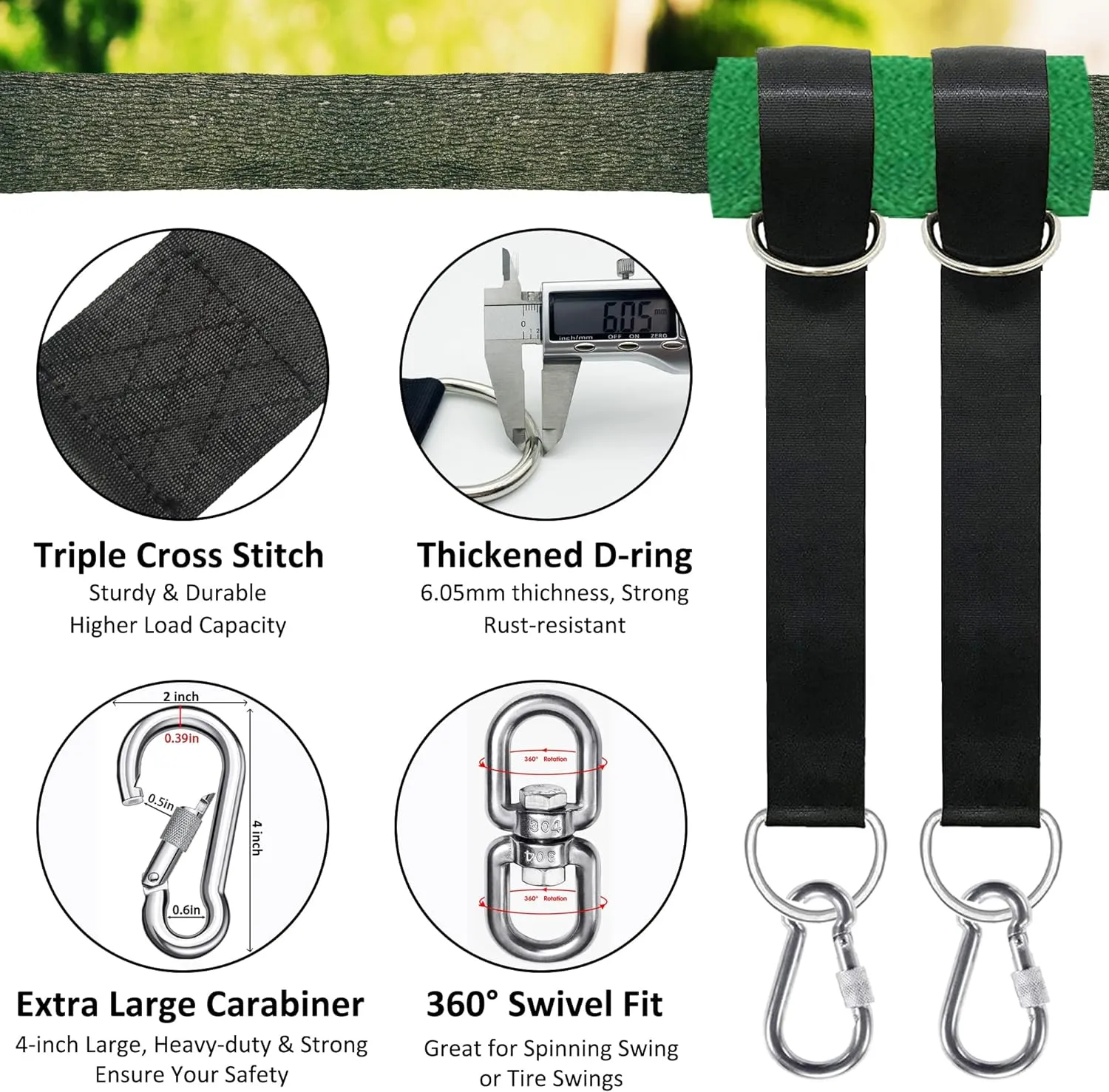 Tree Swing Straps Hanging Kit 4FT/8FT/15FT/20FT/25FT, Extra Long Tree Swing Straps Holds 5500 lbs with Lock Carabiners & Tree Protectors, Safer for All Swing & Hammock (8FT)