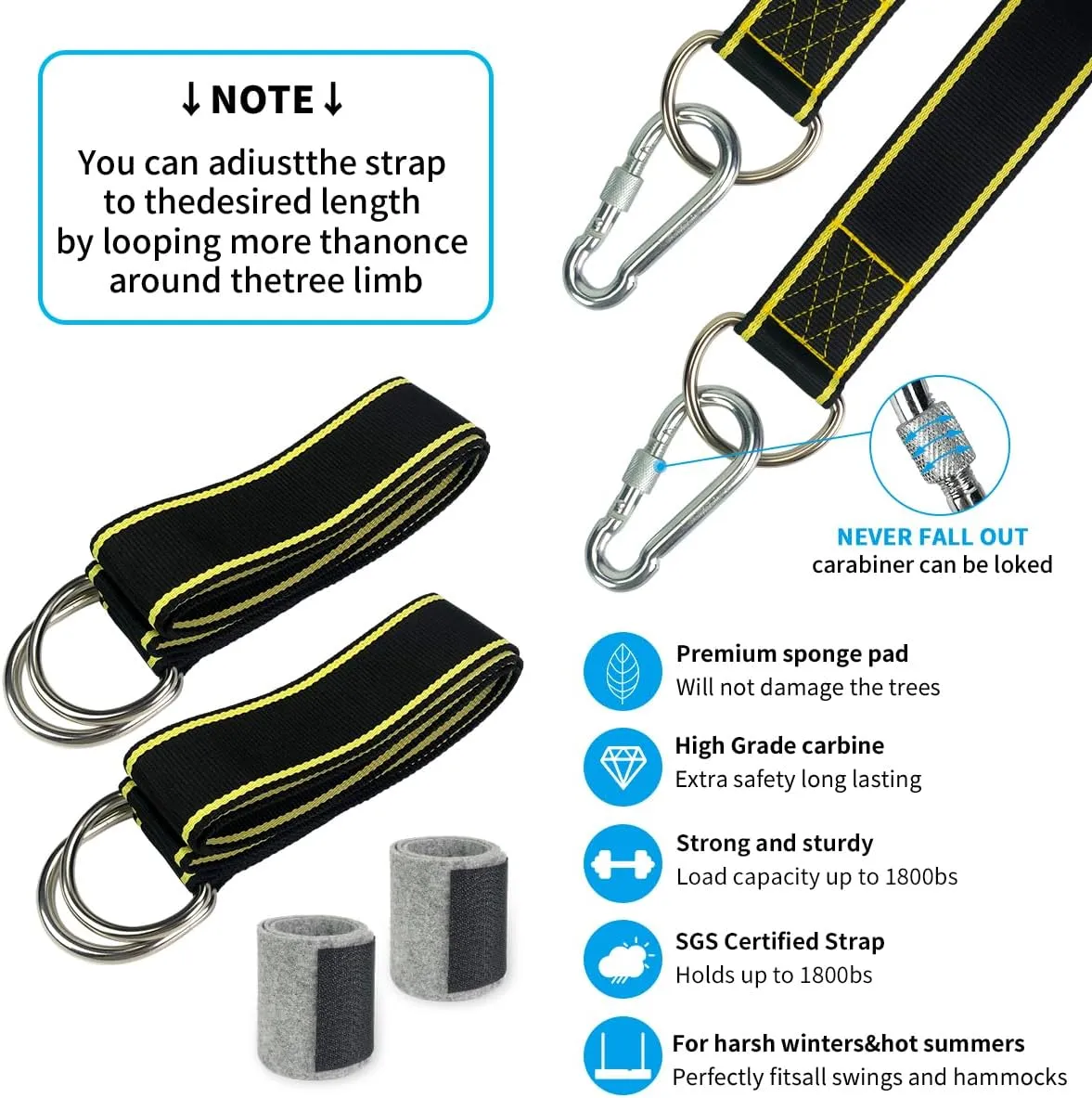 Tree Swing Straps Hanging Kit - Holds 1800 lbs (SGS Certified), 5ftx2 Hammock Straps with 2 Heavy Duty Locking Carabiners and 2 Tree Protectors, Polyester Straps Perfect for Swings & Hammocks