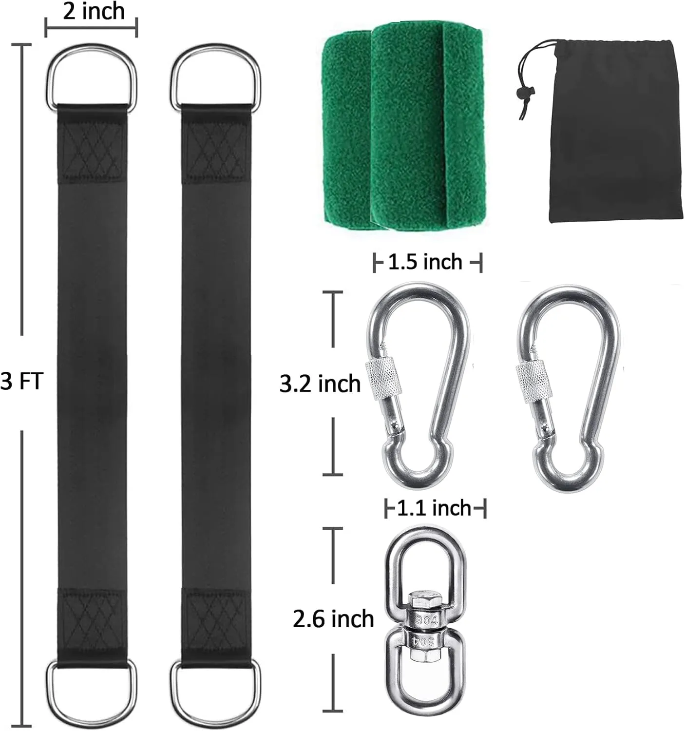 Tree Swing Straps Hanging Kit (Set of 2), 3FT/8FT/10FT/20FT/30FT Tree Swing Straps Holds 2500 lbs with Tree Protector, Safety Lock Carabiner and Swivel Perfect for Swings & Hammocks(3 FT)