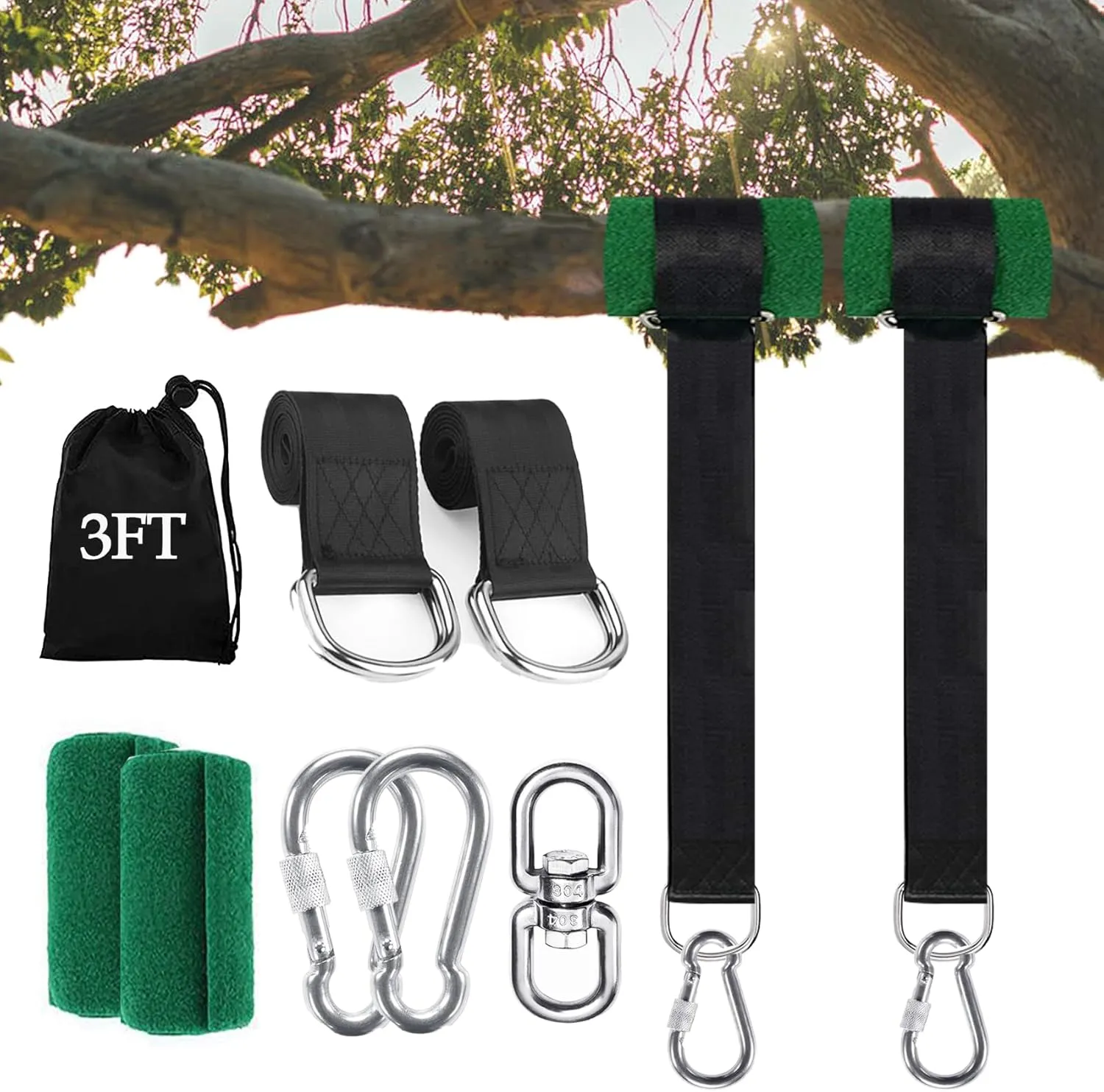 Tree Swing Straps Hanging Kit (Set of 2), 3FT/8FT/10FT/20FT/30FT Tree Swing Straps Holds 2500 lbs with Tree Protector, Safety Lock Carabiner and Swivel Perfect for Swings & Hammocks(3 FT)