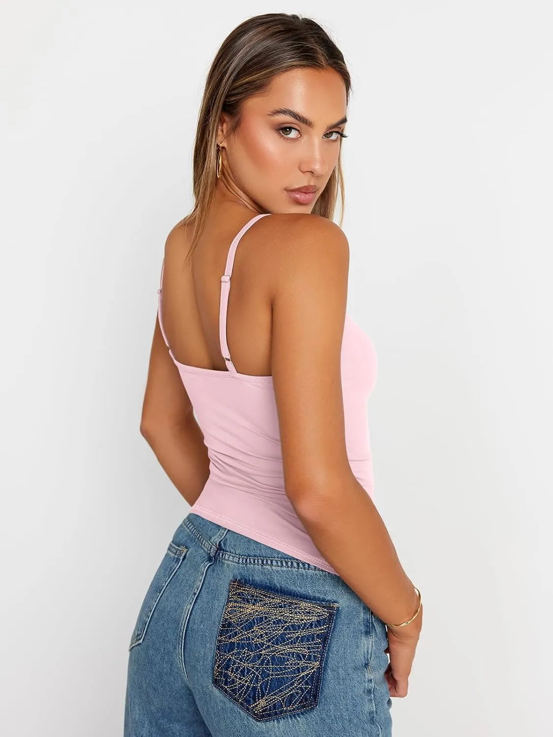 Trendy Queen Womens Adjustable Camisole Sleeveless Square Neck Spaghetti Strap Tank Tops Basic Shirt