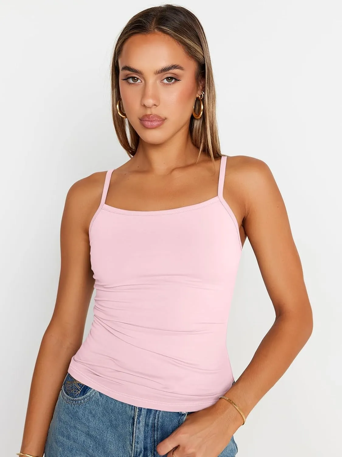 Trendy Queen Womens Adjustable Camisole Sleeveless Square Neck Spaghetti Strap Tank Tops Basic Shirt