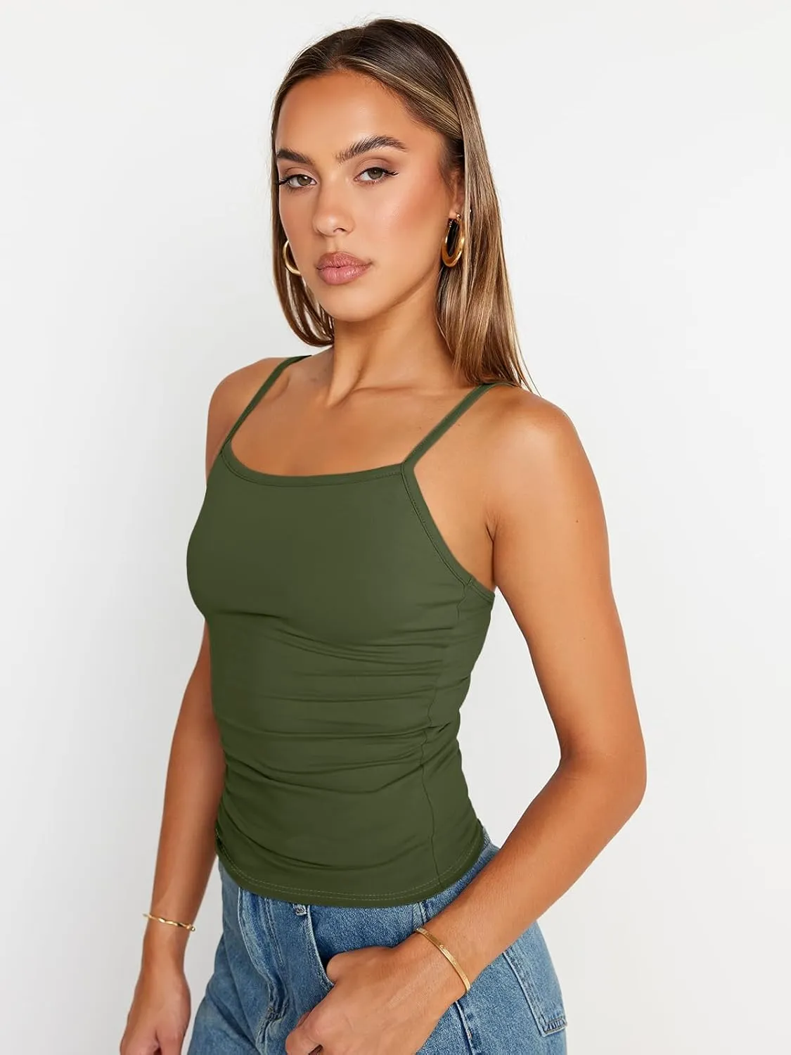 Trendy Queen Womens Adjustable Camisole Sleeveless Square Neck Spaghetti Strap Tank Tops Basic Shirt