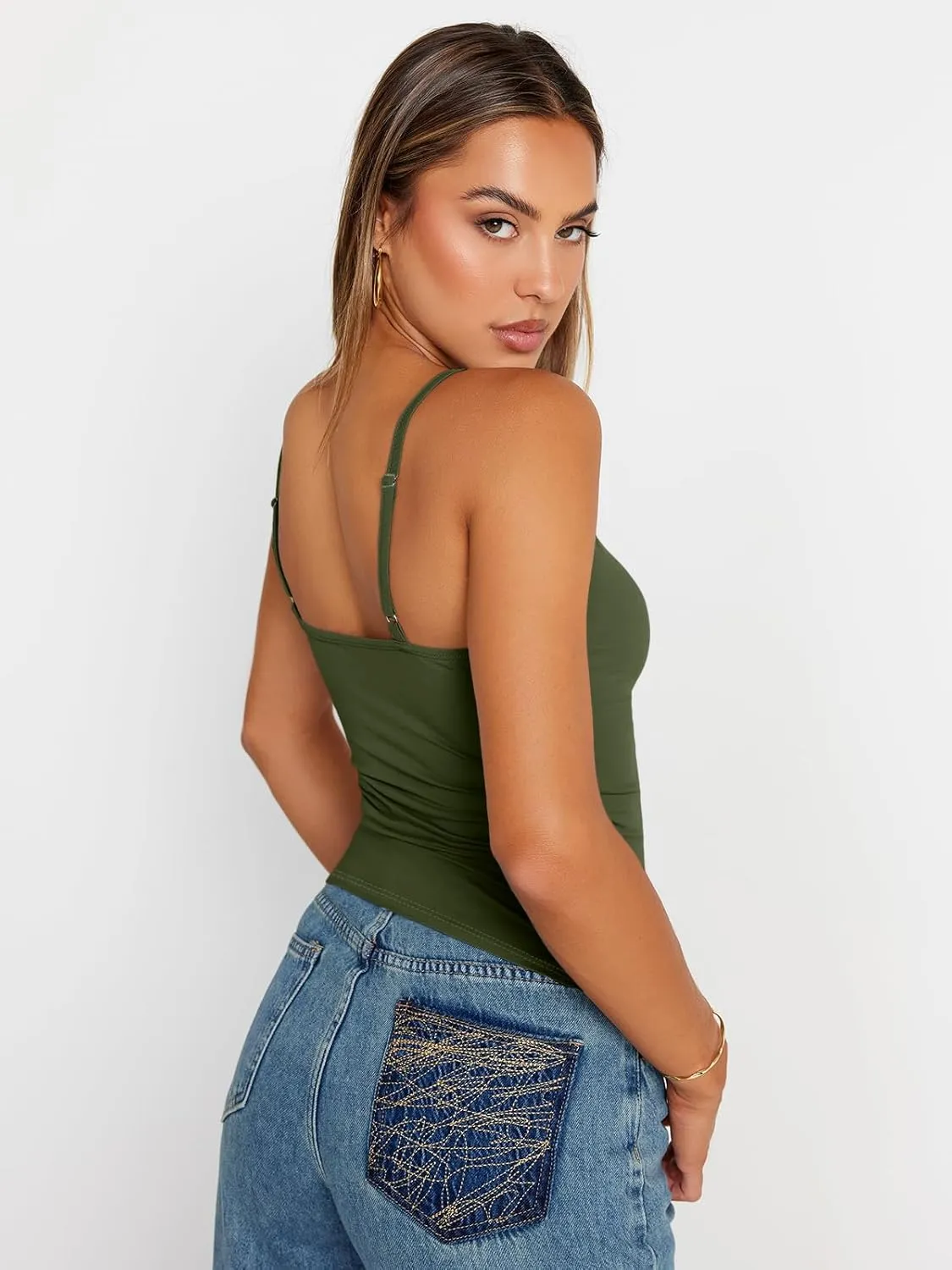 Trendy Queen Womens Adjustable Camisole Sleeveless Square Neck Spaghetti Strap Tank Tops Basic Shirt