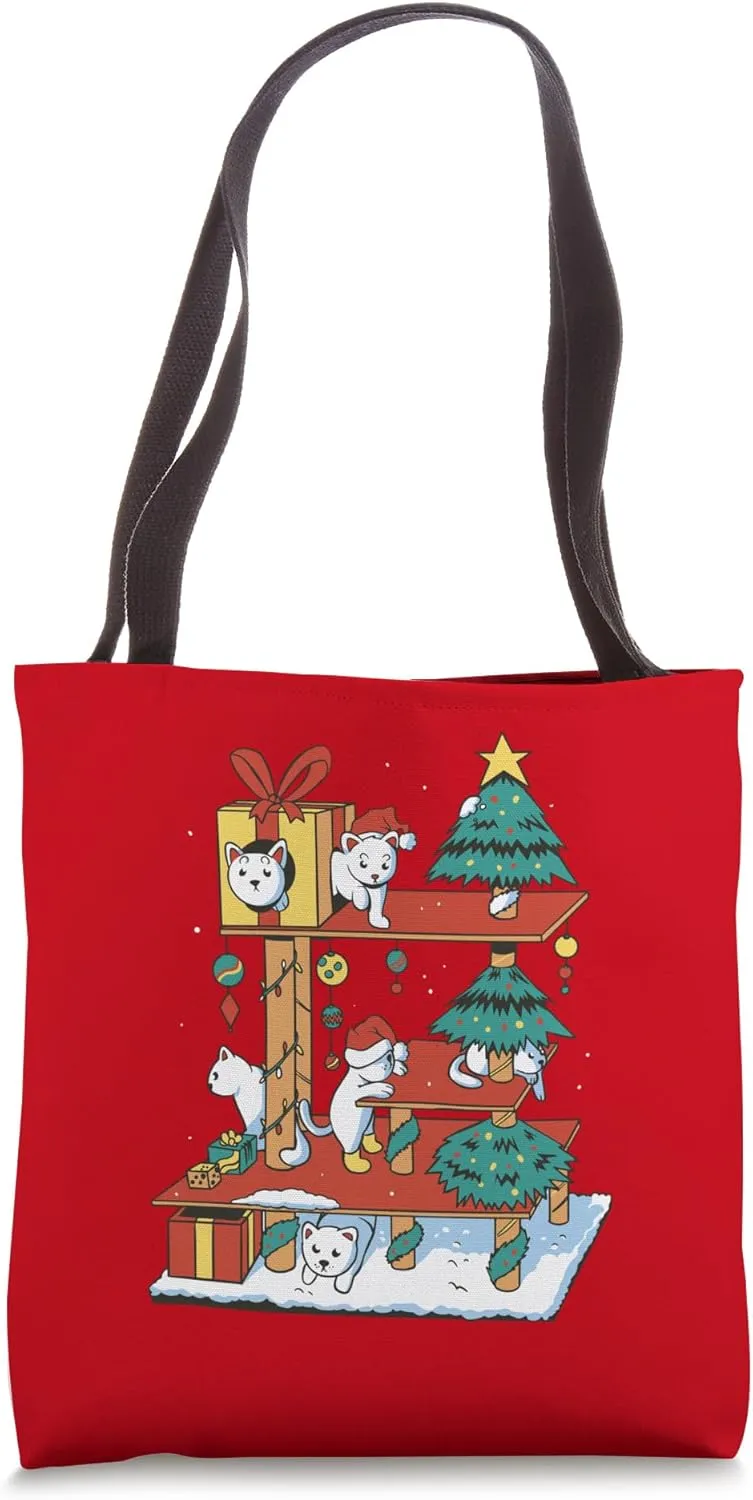 Ugly Christmas Cat Scratching Post Christmas Tree Advent Tote Bag