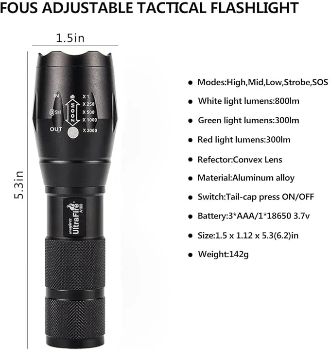 ULTRAFIRE A100 Tactical Flashlight, 800 Lumens 5 Modes LED Zoomable Hunting Flashlight Torch with Duty Belt Flashlight Holster, Red/Green/White Exchange Glass
