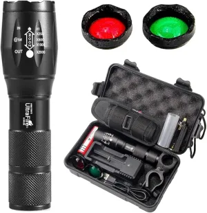 ULTRAFIRE A100 Tactical Flashlight, 800 Lumens 5 Modes LED Zoomable Hunting Flashlight Torch with Duty Belt Flashlight Holster, Red/Green/White Exchange Glass