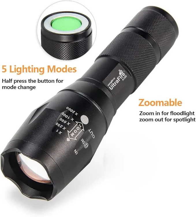 ULTRAFIRE A100 Tactical Flashlight, 800 Lumens 5 Modes LED Zoomable Hunting Flashlight Torch with Duty Belt Flashlight Holster, Red/Green/White Exchange Glass