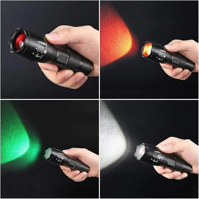 ULTRAFIRE A100 Tactical Flashlight, 800 Lumens 5 Modes LED Zoomable Hunting Flashlight Torch with Duty Belt Flashlight Holster, Red/Green/White Exchange Glass