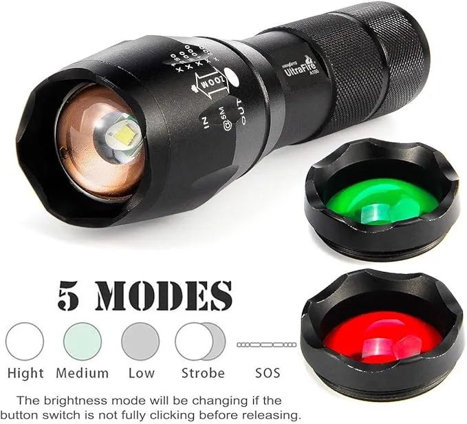 ULTRAFIRE A100 Tactical Flashlight, 800 Lumens 5 Modes LED Zoomable Hunting Flashlight Torch with Duty Belt Flashlight Holster, Red/Green/White Exchange Glass