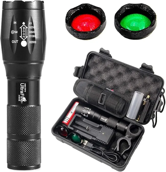 ULTRAFIRE A100 Tactical Flashlight, 800 Lumens 5 Modes LED Zoomable Hunting Flashlight Torch with Duty Belt Flashlight Holster, Red/Green/White Exchange Glass