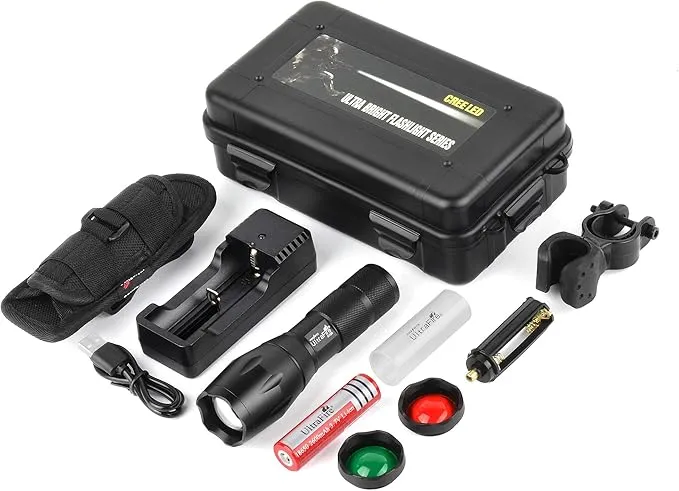 ULTRAFIRE A100 Tactical Flashlight, 800 Lumens 5 Modes LED Zoomable Hunting Flashlight Torch with Duty Belt Flashlight Holster, Red/Green/White Exchange Glass