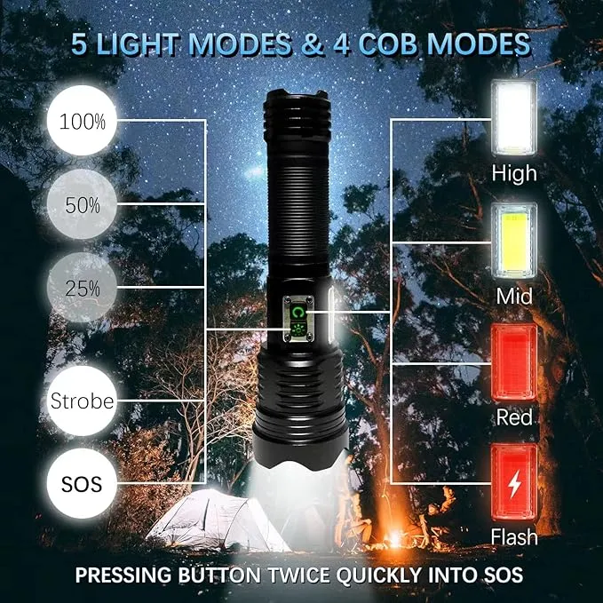 ULTRAFIRE Rechargeable Flashlight 2500 High Lumens, Super Bright LED Tactical Flashlights, 5 Light Modes Zoomable IP65 Waterproof Brightest Flashlight with COB Light