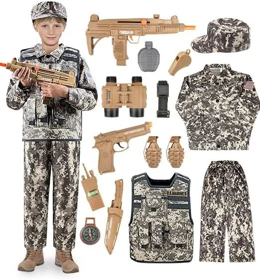 UNIH Army Costume for Kids, Boys Military Soldier Costume with Tactical Vest And Toy Accessories Gear, Halloween Costumes for Boys Kids 3-10 (M)