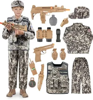 UNIH Army Costume for Kids, Boys Military Soldier Costume with Tactical Vest And Toy Accessories Gear, Halloween Costumes for Boys Kids 3-10 (M)