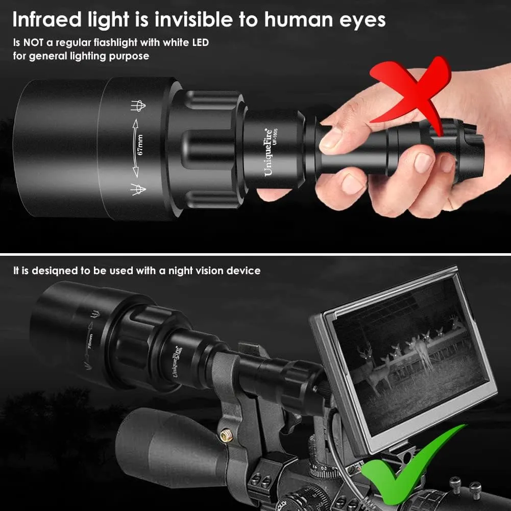 UniqueFire 1605 850nm IR Illuminator Flashlight Lights for Night Vision Zoomable Infrared Flashlight Illuminator with Dual Control Remote Pressure Switch, USB Charger and Scope Mount Set