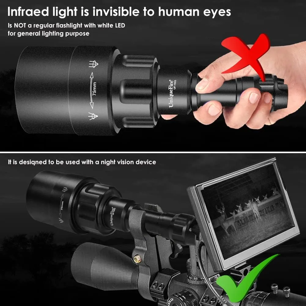 UniqueFire 1605 T75 940nm IR Illuminator Flashlight Lights for Night Vision Zoomable Infrared Flashlight Illuminator with Dual Control Remote Pressure Switch, USB Charger and Scope Mount Set