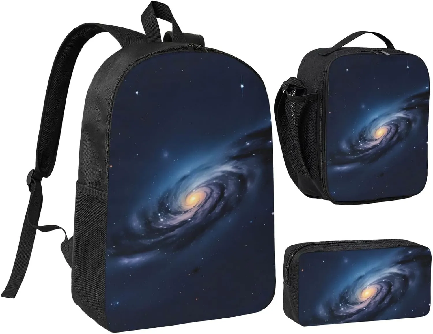 Universe Milky Way Galaxy print Backpack Set Casual Shoulder Bag Lunch Bag Pen Pouch 3 in 1 Set 17inch for Women Men College