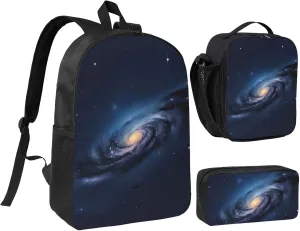 Universe Milky Way Galaxy print Backpack Set Casual Shoulder Bag Lunch Bag Pen Pouch 3 in 1 Set 17inch for Women Men College