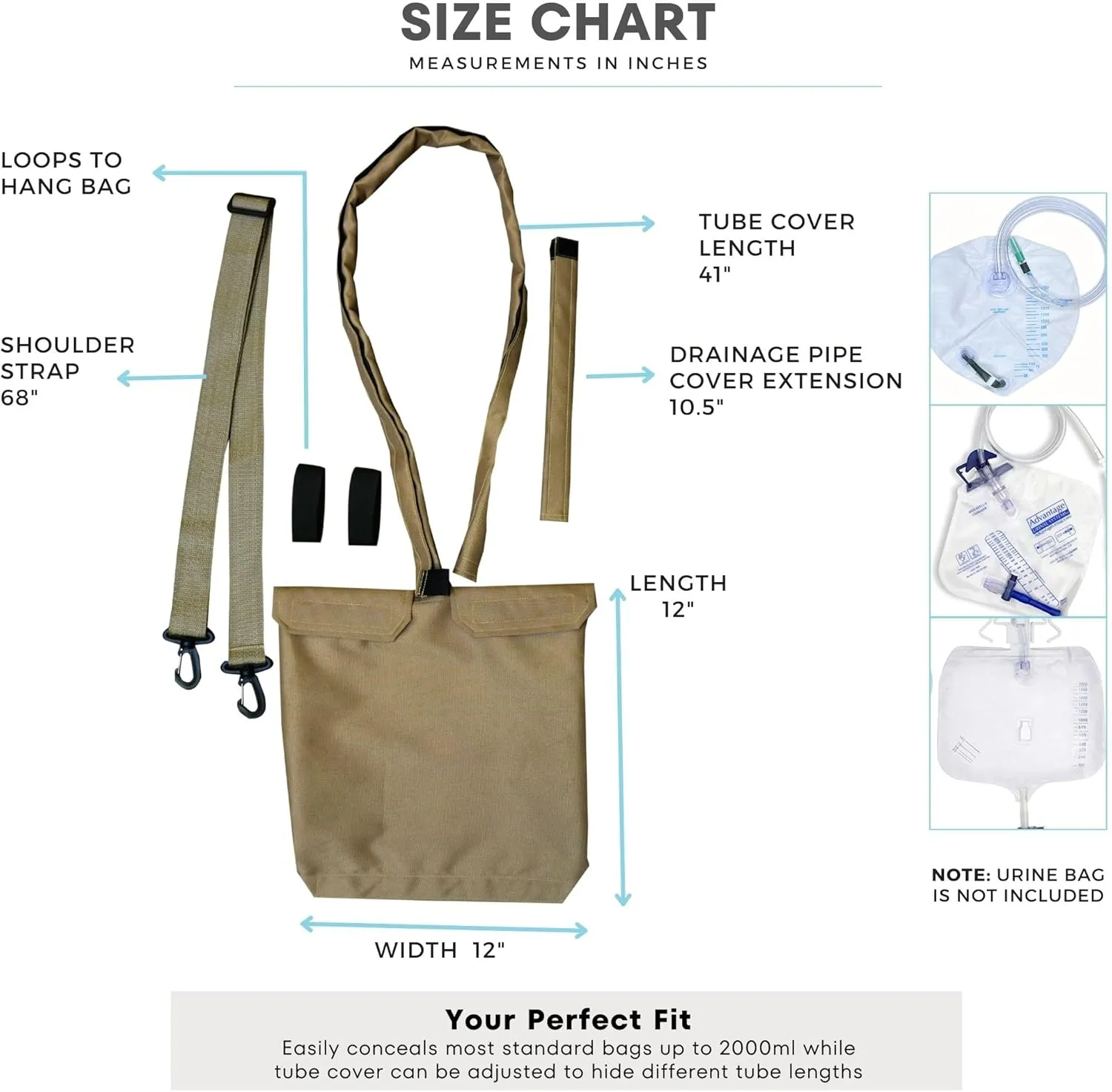 Urine Drainage Bag Holder with Catheter Tube Cover & Adjustable Strap - Beige