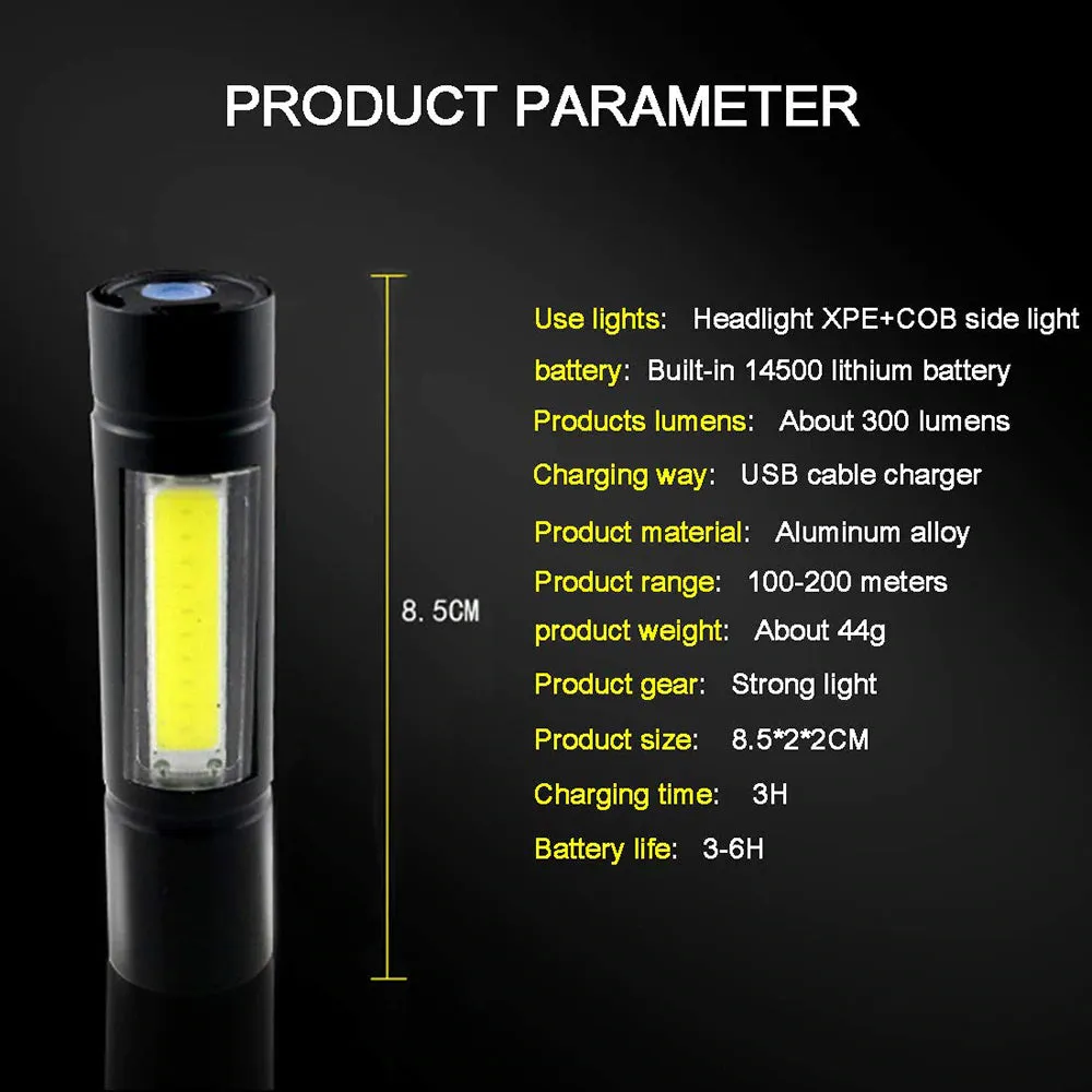 USB Rechargeable Flashlight 3 Lighting Mode COB XPE LED Mini Flashlight Waterproof Portable Used for camping, cycling, work, etc