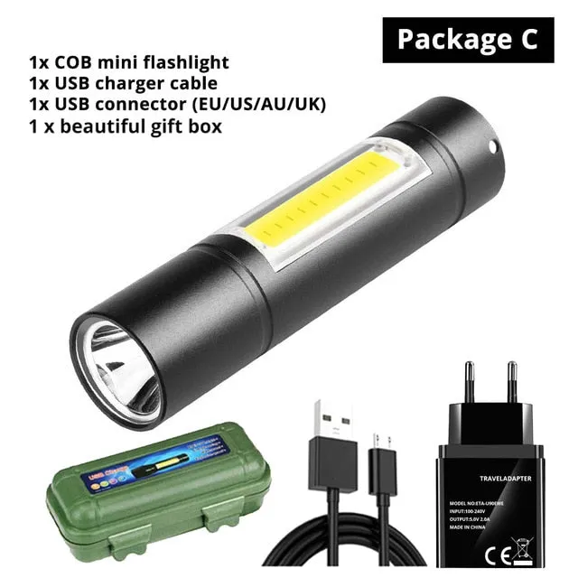 USB Rechargeable Flashlight 3 Lighting Mode COB XPE LED Mini Flashlight Waterproof Portable Used for camping, cycling, work, etc