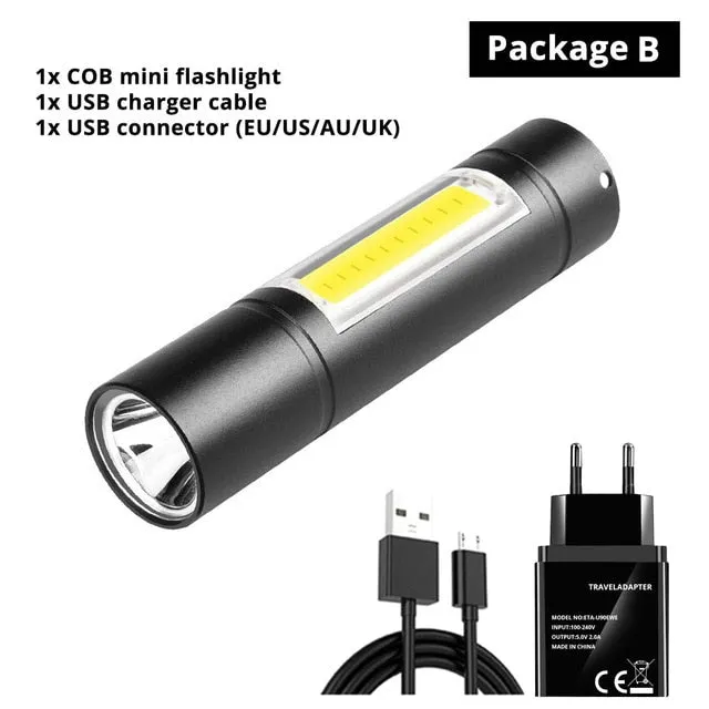 USB Rechargeable Flashlight 3 Lighting Mode COB XPE LED Mini Flashlight Waterproof Portable Used for camping, cycling, work, etc