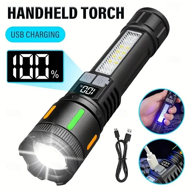 USB Rechargeable LED Flashlight Telescopic Zoomable with Red and Blue Side Lights with Battery Indicator Waterproof for Camping Hiking Fishing Mountaineering and Emergency Use Shustar