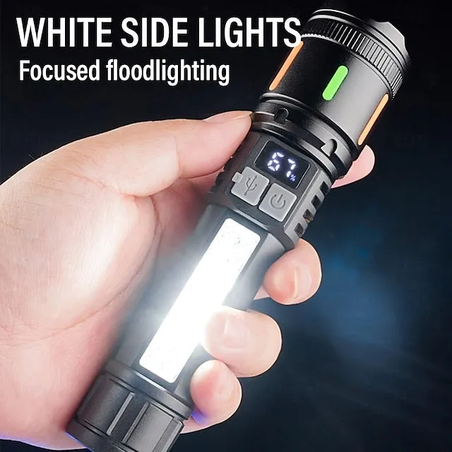 USB Rechargeable LED Flashlight Telescopic Zoomable with Red and Blue Side Lights with Battery Indicator Waterproof for Camping Hiking Fishing Mountaineering and Emergency Use Shustar