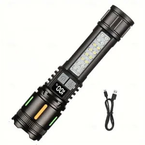 USB Rechargeable LED Flashlight Telescopic Zoomable with Red and Blue Side Lights with Battery Indicator Waterproof for Camping Hiking Fishing Mountaineering and Emergency Use Shustar