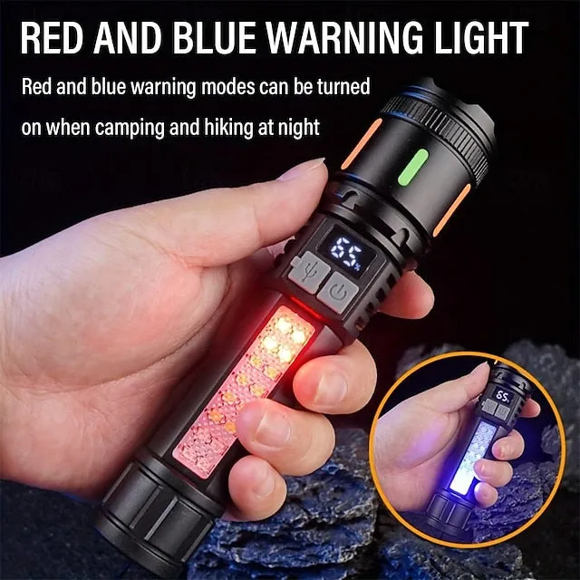 USB Rechargeable LED Flashlight Telescopic Zoomable with Red and Blue Side Lights with Battery Indicator Waterproof for Camping Hiking Fishing Mountaineering and Emergency Use Shustar