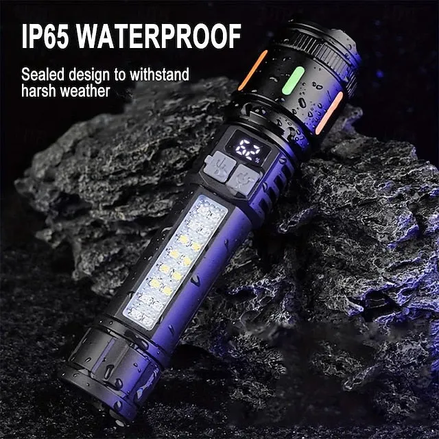 USB Rechargeable LED Flashlight Telescopic Zoomable with Red and Blue Side Lights with Battery Indicator Waterproof for Camping Hiking Fishing Mountaineering and Emergency Use Shustar