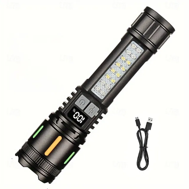 USB Rechargeable LED Flashlight Telescopic Zoomable with Red and Blue Side Lights with Battery Indicator Waterproof for Camping Hiking Fishing Mountaineering and Emergency Use Shustar