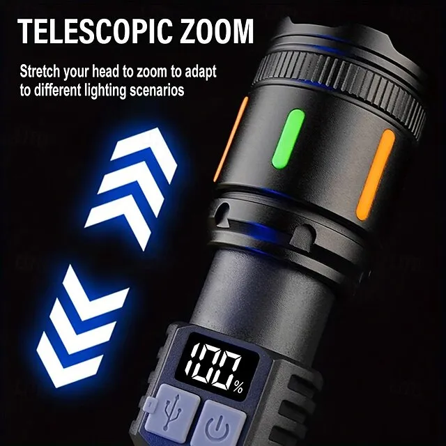 USB Rechargeable LED Flashlight Telescopic Zoomable with Red and Blue Side Lights with Battery Indicator Waterproof for Camping Hiking Fishing Mountaineering and Emergency Use Shustar
