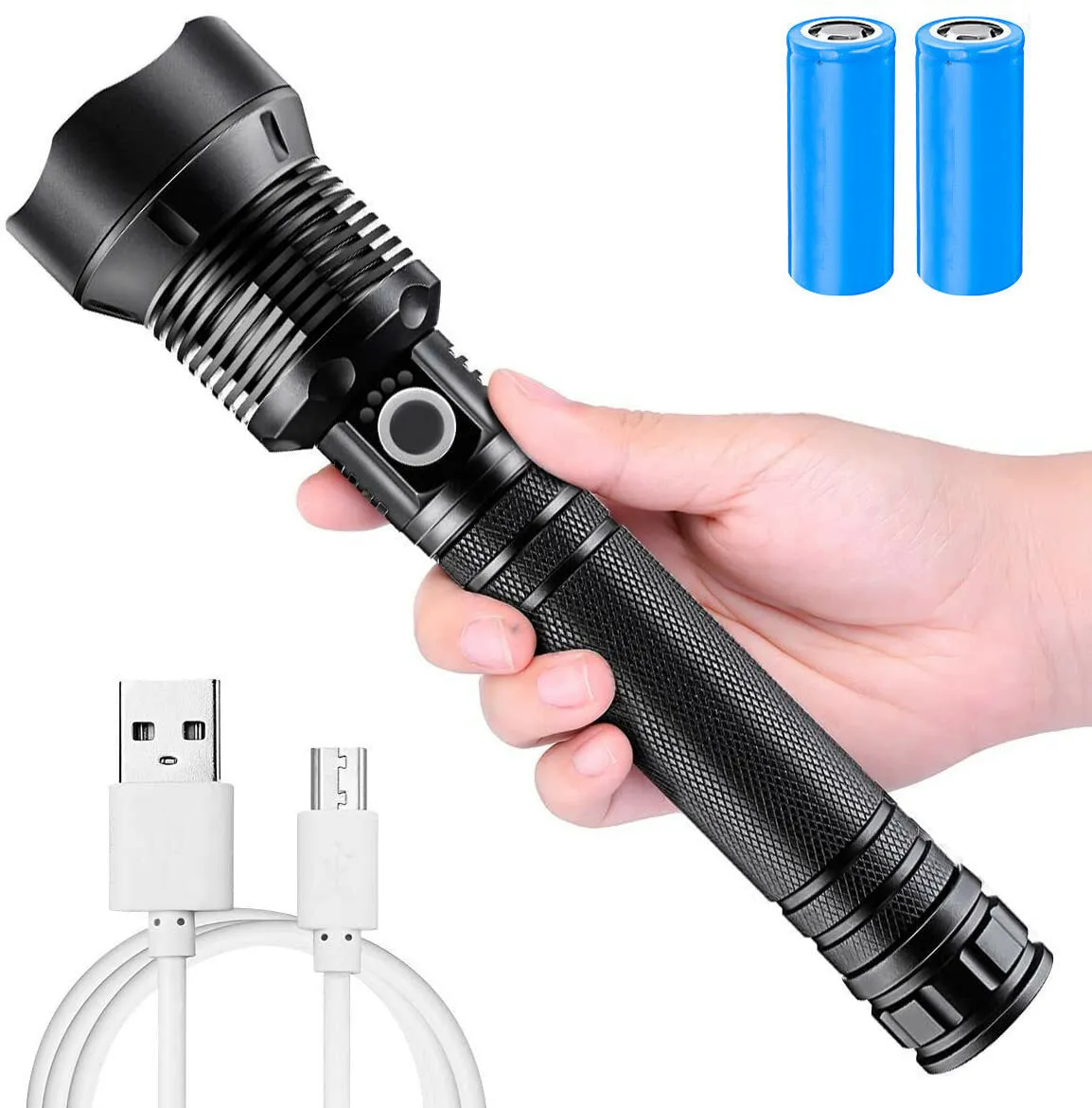 USB Rechargeable Zoomable Flashlight Set with 26650 Battery USSB Cable Focus Adjustable Outdoor Camping Hunting Fishing Searchlight