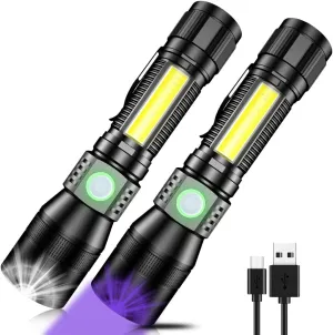 UV Flashlight Black Light, 2-Pack USB Rechargeable Blacklight Flashlight with Magnetic -Side Work Light, 7 Modes, Zoomable, Waterproof – LED Torch for Mechanics Pet Urine Stains Detector