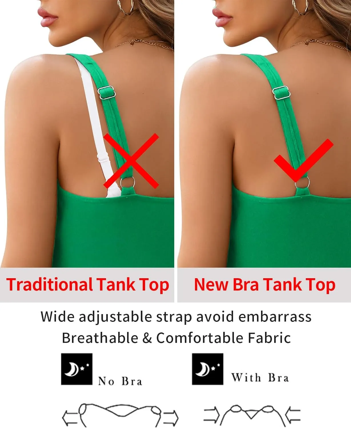 V FOR CITY Tank Top for Women with Built-in Padded Bra Adjustable Wide Strap Camisole Cotton Cami Shirts