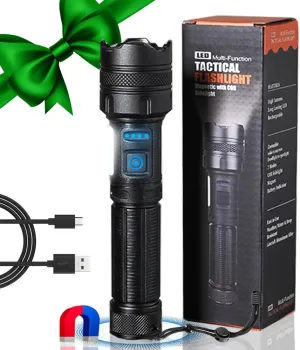 Vana Kula Rechargeable LED Flashlight, 250000 Lumens, Zoomable, 7 Modes, COB Sidelight, Magnetic Base, IPX6 Waterproof, for Emergency, Home, Camping, Hunting