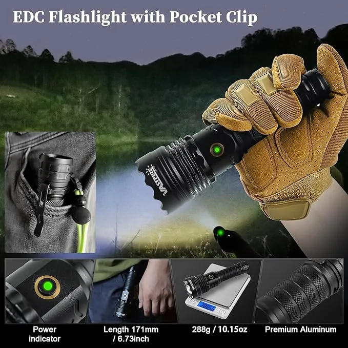 VASTFIRE World's Smallest & Brightest Flash Light 10,000 lumens 1-Mile Best Long Throw Spotlight Flashlights Most Powerful Flashlight High Lumens LEP   LED Combo