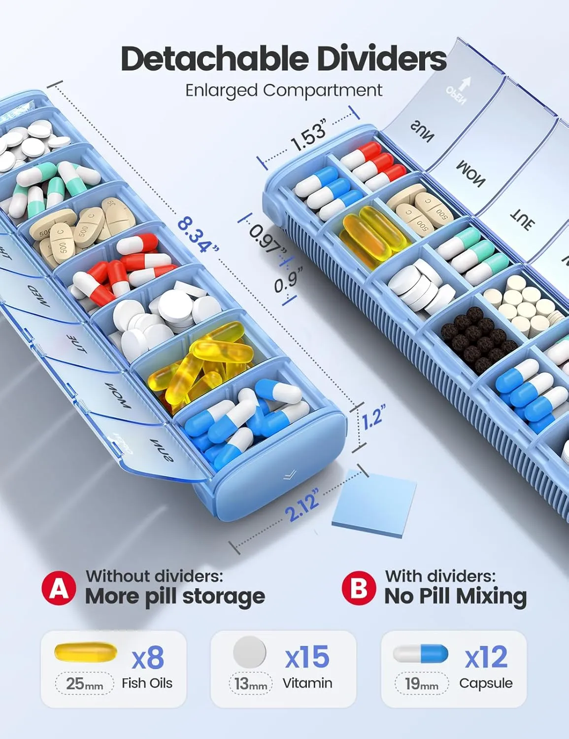 Vaydeer 7 Day Weekly Pill Organizer (Support 2 Times a Day), Metal Travel Pill Case, Large Capacity Daily Cute Pill Box for Supplements, Pills, Vitamins and Medication (Blue)