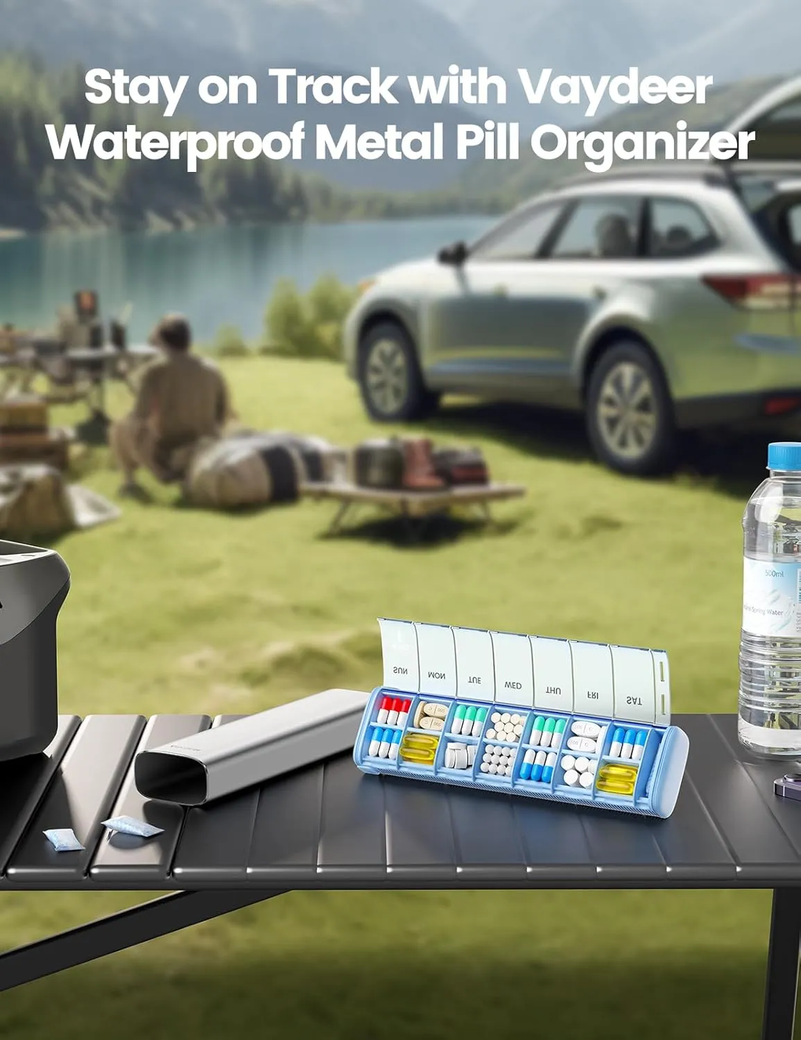 Vaydeer 7 Day Weekly Pill Organizer (Support 2 Times a Day), Metal Travel Pill Case, Large Capacity Daily Cute Pill Box for Supplements, Pills, Vitamins and Medication (Sliver)