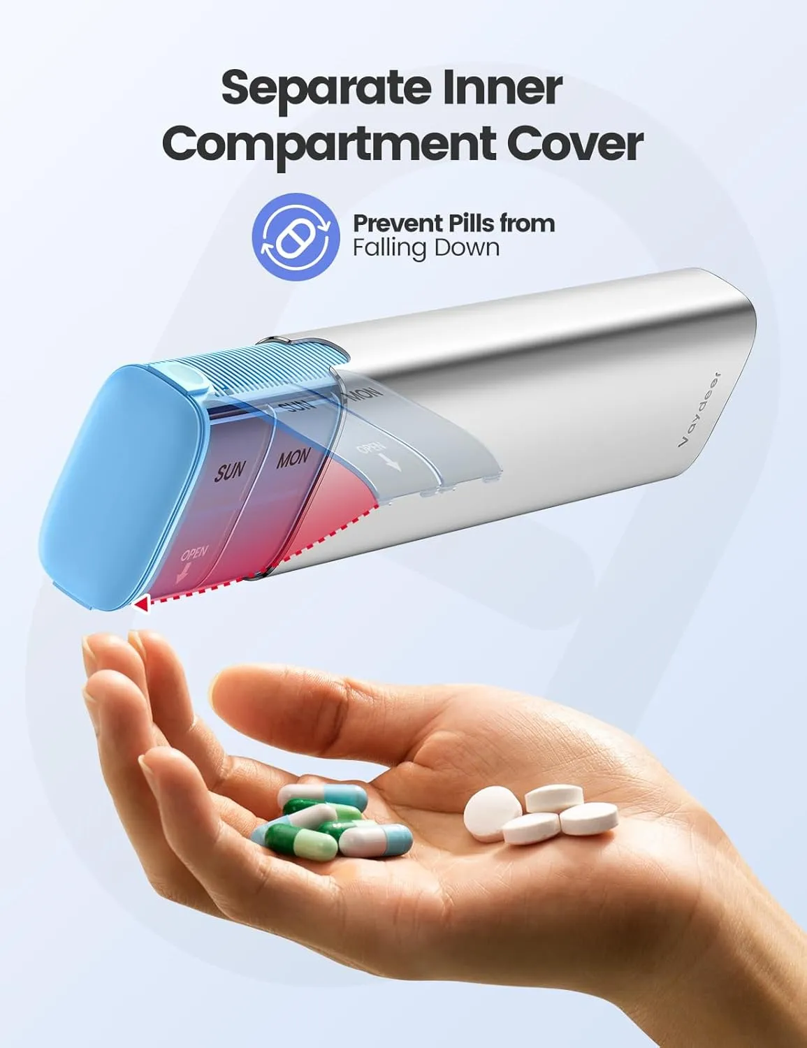 Vaydeer 7 Day Weekly Pill Organizer (Support 2 Times a Day), Metal Travel Pill Case, Large Capacity Daily Cute Pill Box for Supplements, Pills, Vitamins and Medication (Sliver)