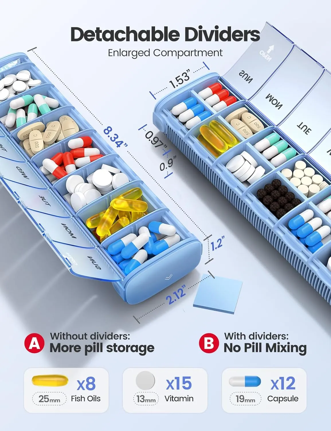 Vaydeer 7 Day Weekly Pill Organizer (Support 2 Times a Day), Metal Travel Pill Case, Large Capacity Daily Cute Pill Box for Supplements, Pills, Vitamins and Medication (Sliver)