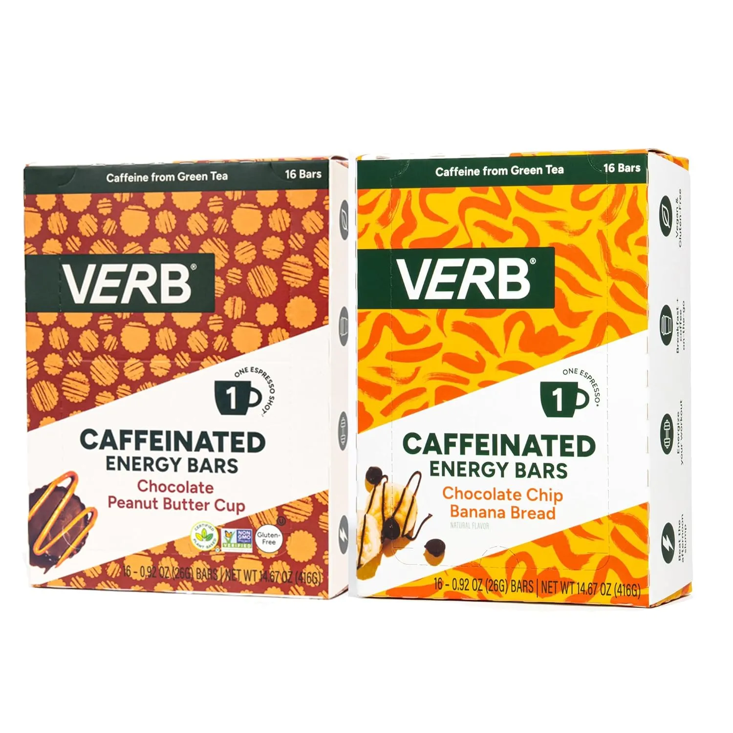Verb Energy Bar Duo Bundle – Chocolate Peanut Butter Cup   Chocolate Chip Banana Bread – 110-Calorie Vegan Energy Snack Bars – Plant-Based, Gluten-Free, Keto-Friendly – 2 Flavors, 32-Pack Total