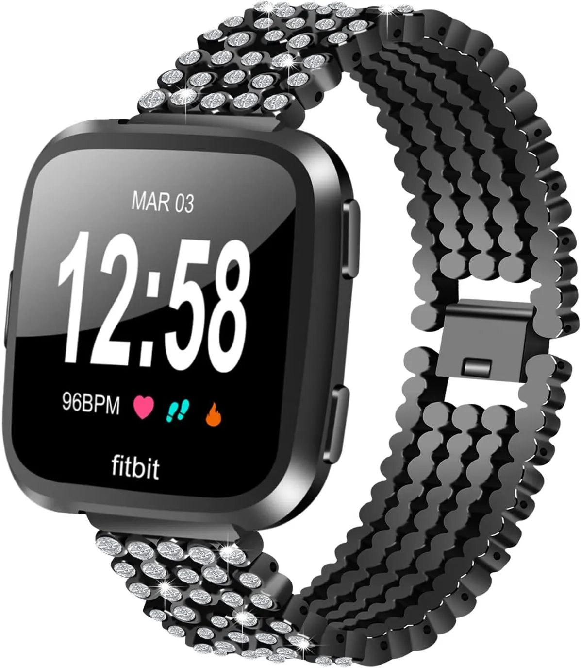 Versa 3 Watch Strap, Women Replacement Jewelry Strap Stainless Steel Rhinestones Wristband Adjustable Watch Accessories Strap Compatible with Versa 3/Sense Smart Watch (Black)