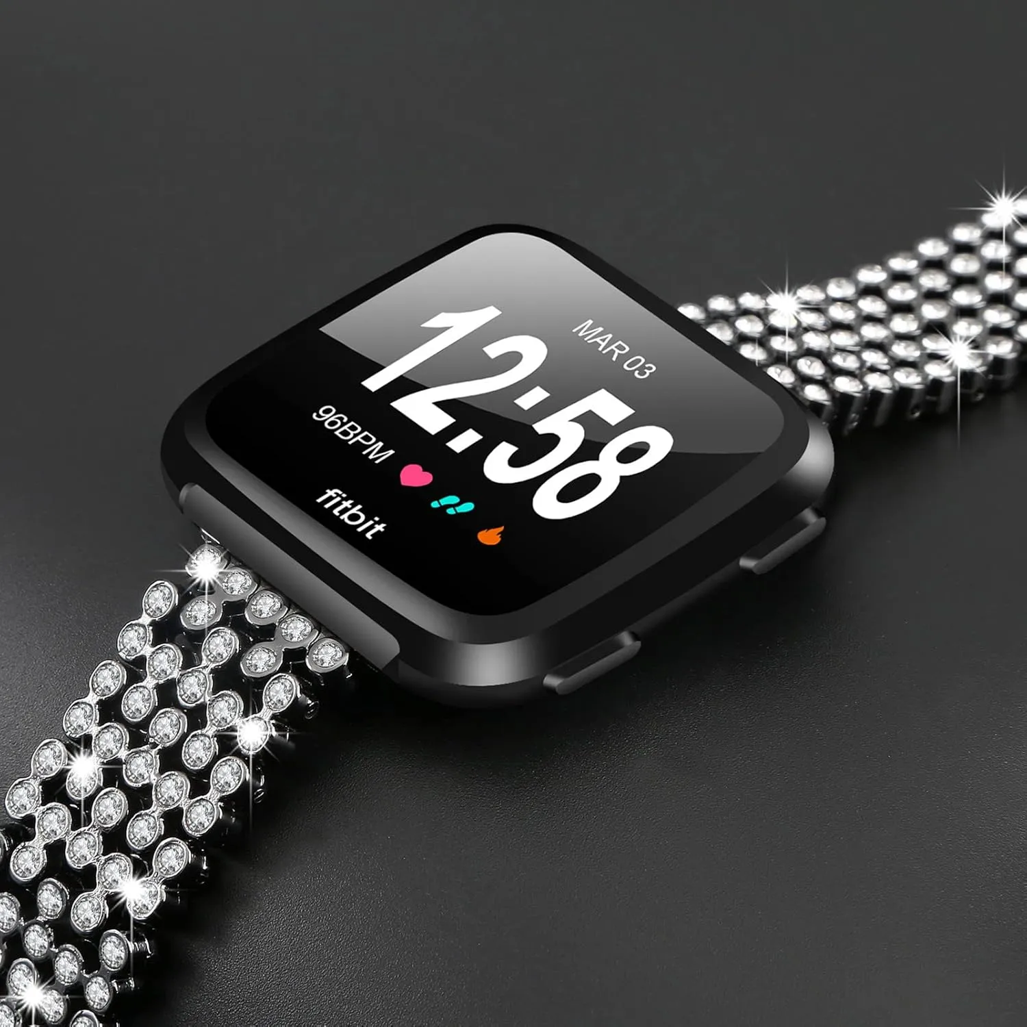 Versa 3 Watch Strap, Women Replacement Jewelry Strap Stainless Steel Rhinestones Wristband Adjustable Watch Accessories Strap Compatible with Versa 3/Sense Smart Watch (Black)