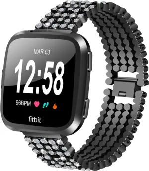 Versa 3 Watch Strap, Women Replacement Jewelry Strap Stainless Steel Rhinestones Wristband Adjustable Watch Accessories Strap Compatible with Versa 3/Sense Smart Watch (Black)