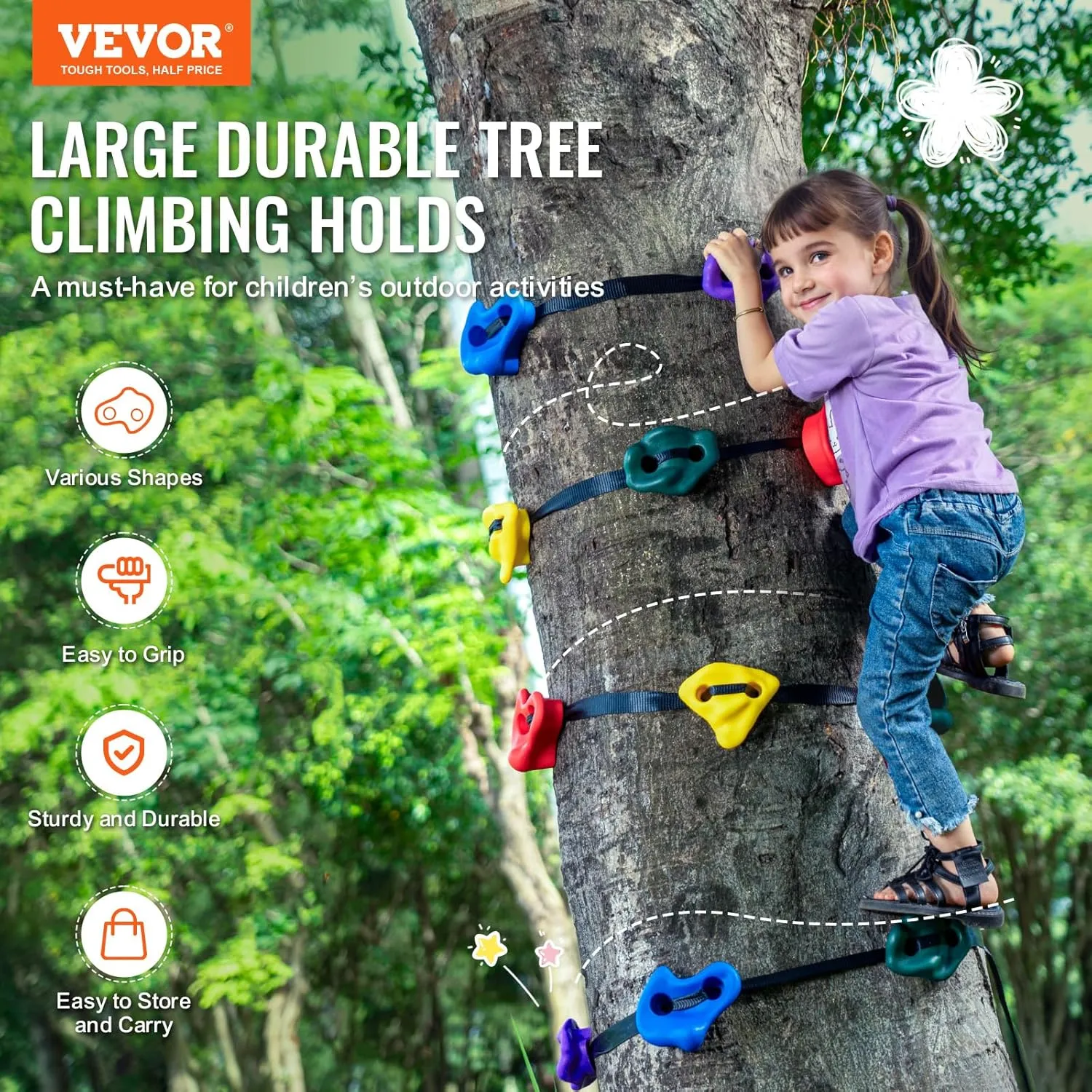 VEVOR Ninja Tree Climbing Kit, 12 Tree Climbing Holds and 6 Ratchet Straps, Large Climbing Rocks for Kids and Adults Climber, and Shapes, for Outdoor Ninja Warrior Obstacle Training